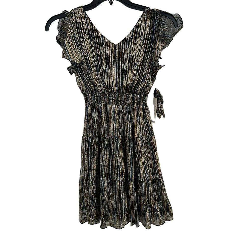 Emerald Sundae Flutter Sleeve Bow Back Metallic Dress with Scrunchie‎ 14 New
